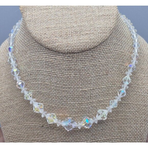 Vintage AB Crystal Collar Necklace & Clip On Cluster Earrings Set Arora Borealis - Picture 4 of 11